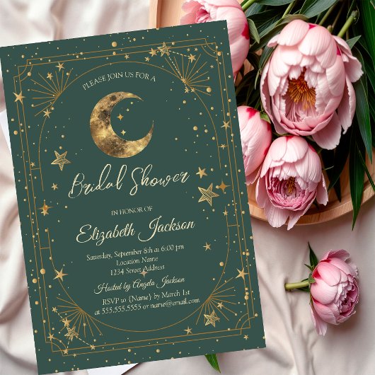 Celestial Moon Stars Frame Green Bridal Shower Kaart