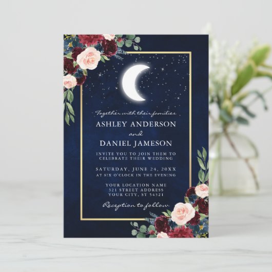Celestial Moon Stars Gold Wedding Kaart (Staand voorkant)
