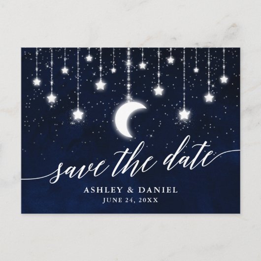 Celestial Moon Stars Kalligrafie Save the Date Briefkaart (Voorkant)