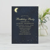Celestial Moon Stars Midnight Blue Birthday Party Kaart (Staand voorkant)