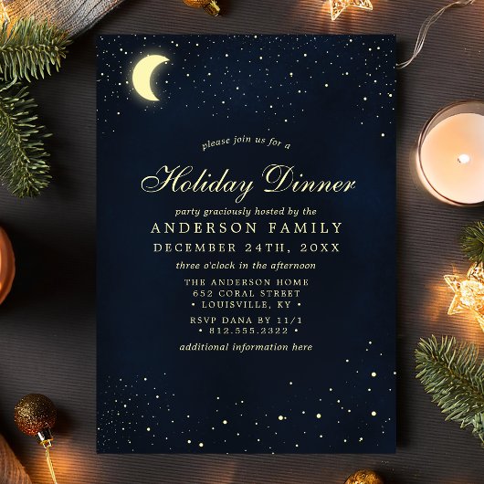 Celestial Moon Stars Midnight Blue Holiday Dinner Kaart