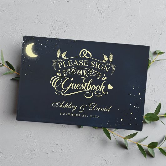 Celestial Moon Stars Midnight Blue Wedding Gastenboek