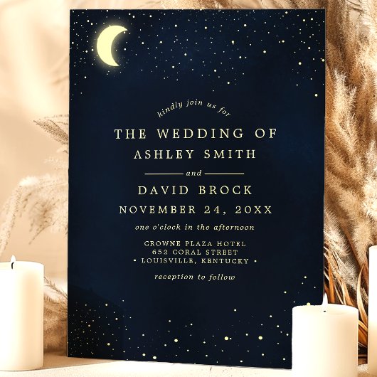 Celestial Moon Stars Midnight Blue Wedding Kaart