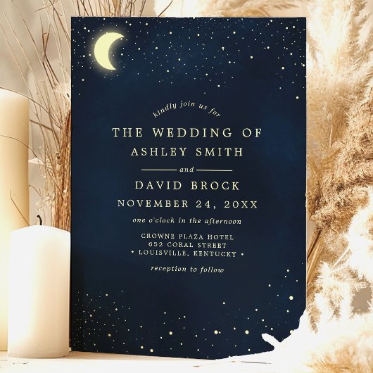 Celestial Moon Stars Midnight Blue Wedding Kaart