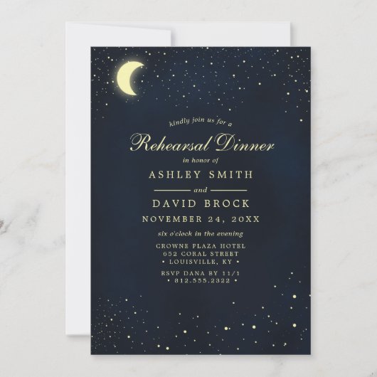 Celestial Moon Stars Midnight Rehearsal Dinner Kaart (Voorkant)