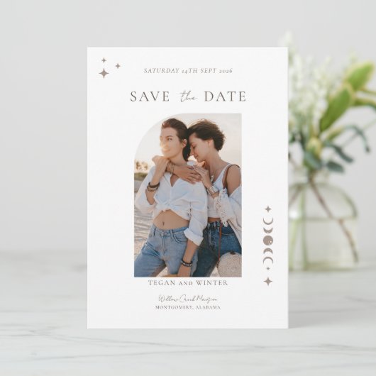 Celestial Moon Stars Monogram Sla de datum foto op Kaart (Staand voorkant)