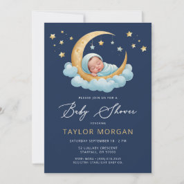 Celestial Moon & Stars Navy Boy Baby Shower Kaart