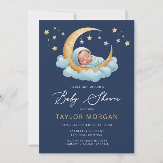 Celestial Moon & Stars Navy Boy Baby Shower  Kaart (Voorkant)