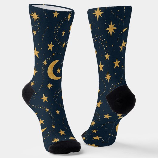 Celestial Moon & Stars Pattern – Midnight Sokken (Gebogen)