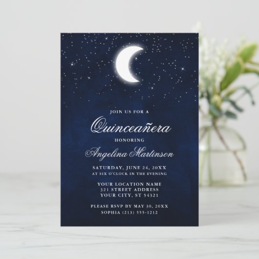 Celestial Moon Stars Quinceanera Uitnodiging (Staand voorkant)