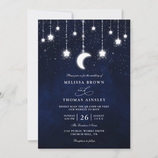Celestial Moon Stars String Lights QR Code Wedding Kaart (Voorkant)