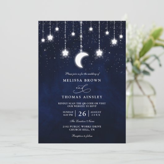 Celestial Moon Stars String Lights QR Code Wedding Kaart (Staand voorkant)
