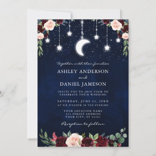 Celestial Moon Stars String Lights Wedding Floral Kaart (Voorkant)