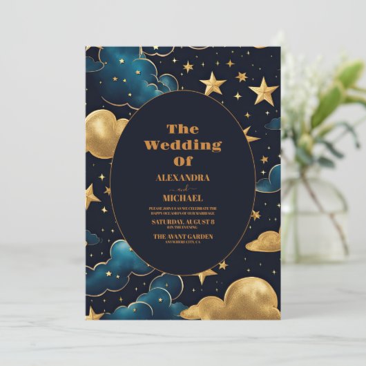 Celestial Moon Stars Wedding Kaart (Staand voorkant)