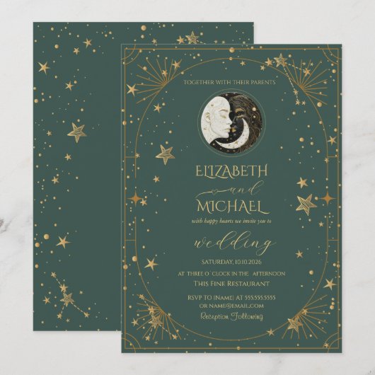 Celestial Moon Sun Frame Wedding Kaart (Voorkant / Achterkant)