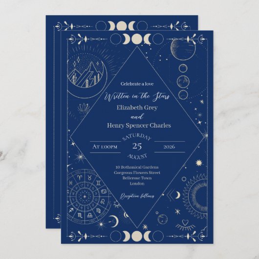Celestial moon sun stars constellations wedding kaart (Voorkant / Achterkant)