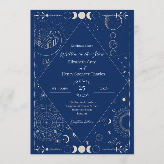 Celestial moon sun stars constellations wedding kaart (Voorkant)