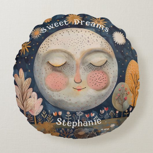 Celestial Moon Sweet Dreams Custom Name Schattigee Rond Kussen (Voorkant)