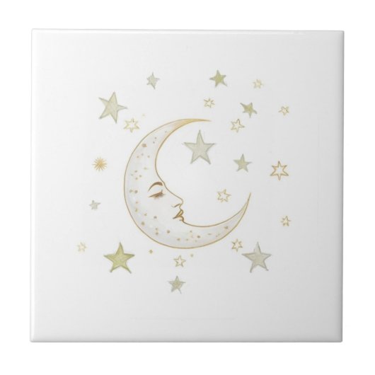 Celestial Moon with Face & Stars Gold Silver White Tegeltje (Voorkant)