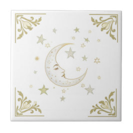 Celestial Moon with Face & Stars Gold White Delft Tegeltje