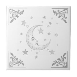 Celestial Moon with Face & Stars Silver and White Tegeltje