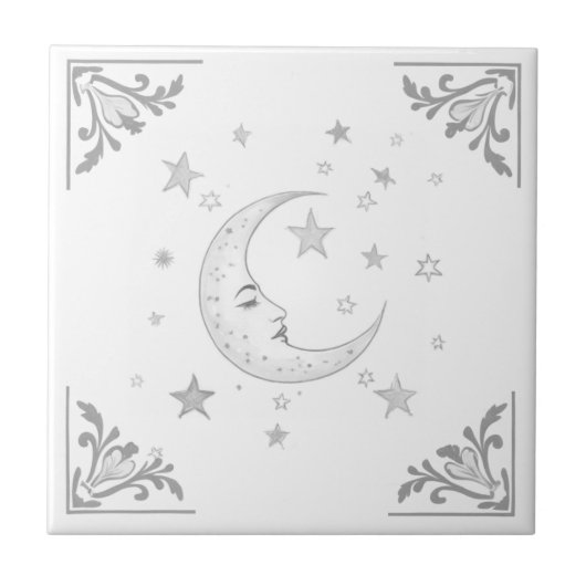 Celestial Moon with Face & Stars Silver and White Tegeltje (Voorkant)