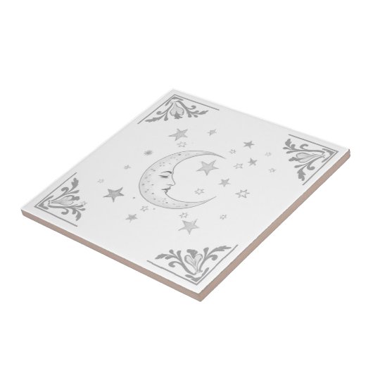 Celestial Moon with Face & Stars Silver and White Tegeltje (Zijkant)