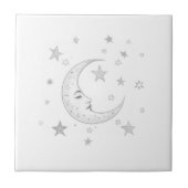 Celestial Moon with Face & Stars Silver and White Tegeltje (Voorkant)