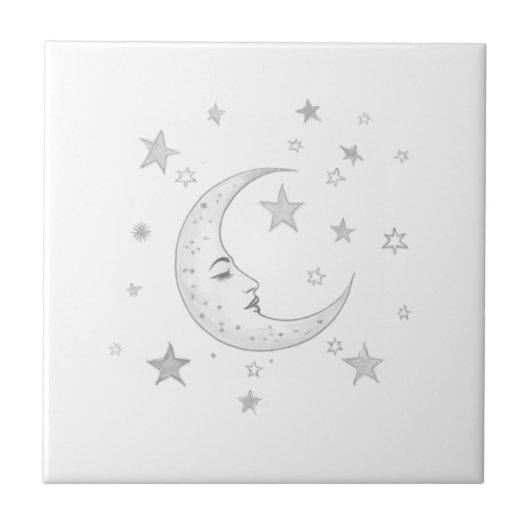 Celestial Moon with Face & Stars Silver and White Tegeltje (Voorkant)