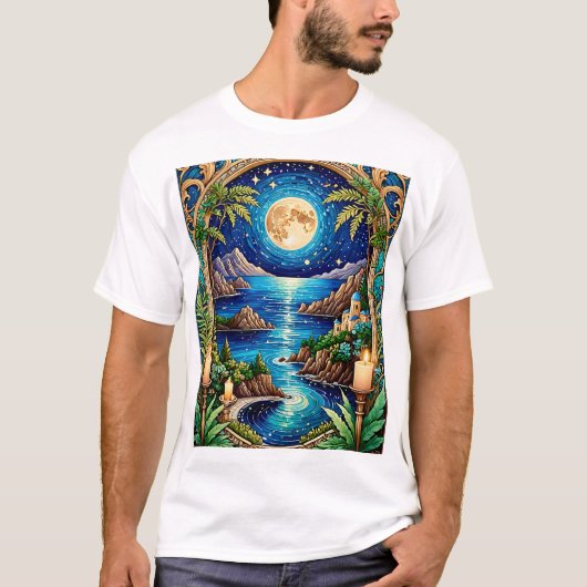 Celestial Moonlit Ocean Fantasy Landscape Art T-sh T-shirt (Voorkant)