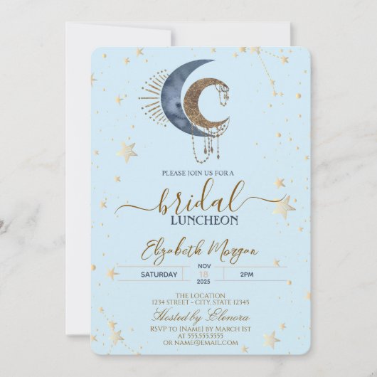 Celestial Moons,Stars Light Blue Bridal Luncheon  Kaart (Voorkant)