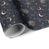 Celestial Moons & Stars Wrapping Paper Gold/Navy Cadeaupapier (Rol Hoek)
