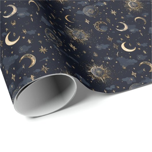 Celestial Moons & Stars Wrapping Paper Gold/Navy Cadeaupapier (Rol Hoek)