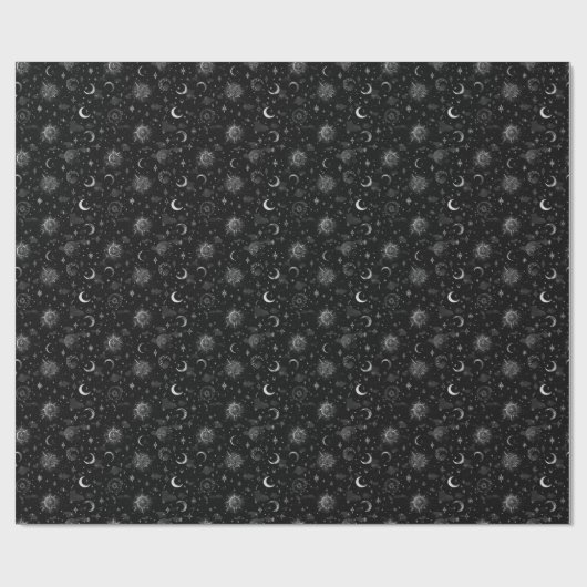 Celestial Moons & Stars Wrapping Paper Monochrome Cadeaupapier (Vlak)
