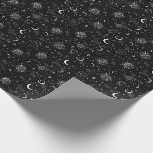 Celestial Moons & Stars Wrapping Paper Monochrome Cadeaupapier (Hoek)