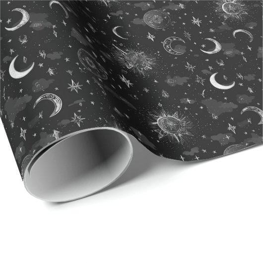 Celestial Moons & Stars Wrapping Paper Monochrome Cadeaupapier (Rol Hoek)