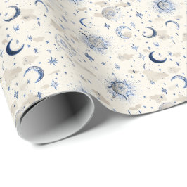 Celestial Moons & Stars Wrapping Paper Navy/Cream Cadeaupapier