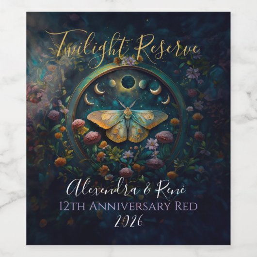 Celestial Moth and Moon Phases – Enchanted Night Wijn Etiket (Enkel label)