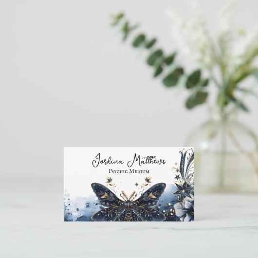 Celestial Moth Blue en Gold Psychic Visitekaartje (Staand voorkant)