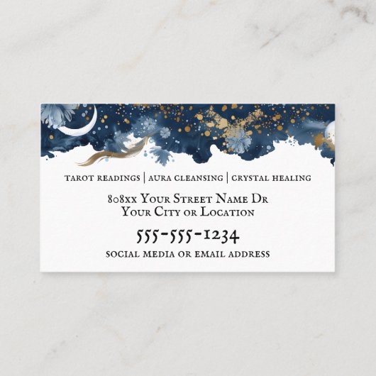 Celestial Moth Blue en Gold Psychic Visitekaartje (Achterkant)
