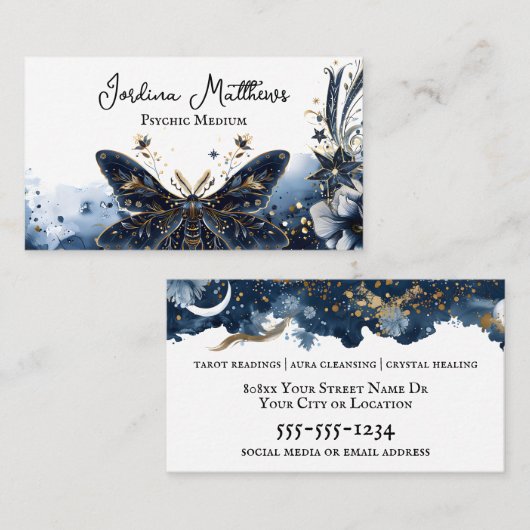 Celestial Moth Blue en Gold Psychic Visitekaartje (Voorkant / Achterkant)