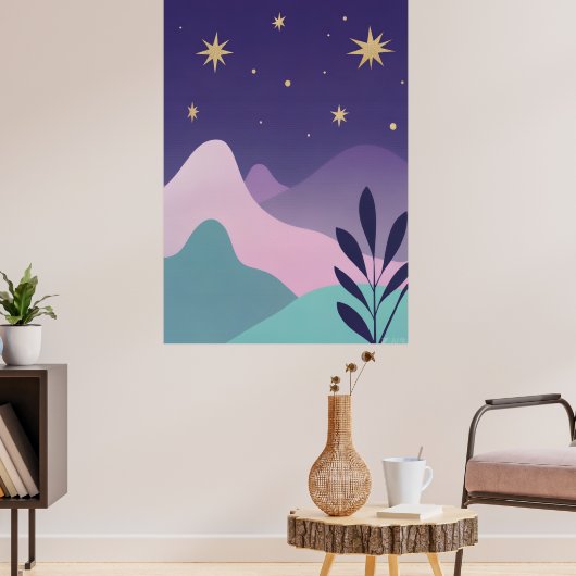 Celestial Mountain Night Sky Kunstposter | Paars & Poster (Woonkamer 3)
