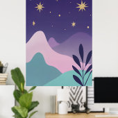 Celestial Mountain Night Sky Kunstposter | Paars & Poster (Thuiskantoor)
