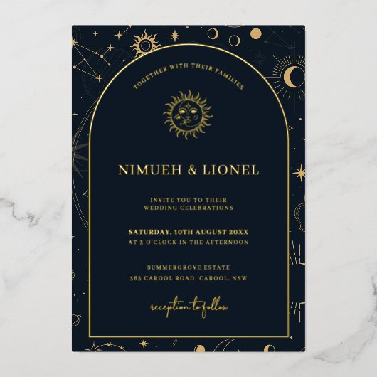 Celestial Mystical Elements Starsign Wedding Folie Folie Uitnodiging (Voorkant)