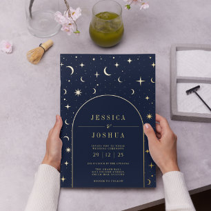 Celestial Navy Arch Lijst Star Moon Golden Folie Uitnodiging
