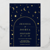 Celestial Navy Arch Lijst Star Moon Golden Folie Uitnodiging (Voorkant)
