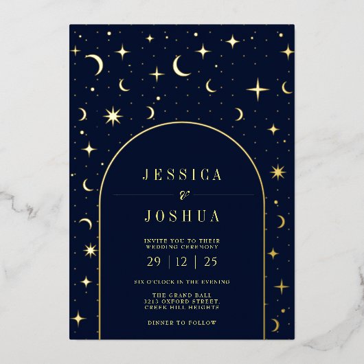 Celestial Navy Arch Lijst Star Moon Golden Folie Uitnodiging (Voorkant)