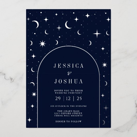 Celestial Navy Arch Lijst Star Moon Silver Folie Uitnodiging (Voorkant)