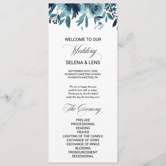 Celestial Navy Blue Bloemen bruiloft programma Programmakaart (Voorkant)