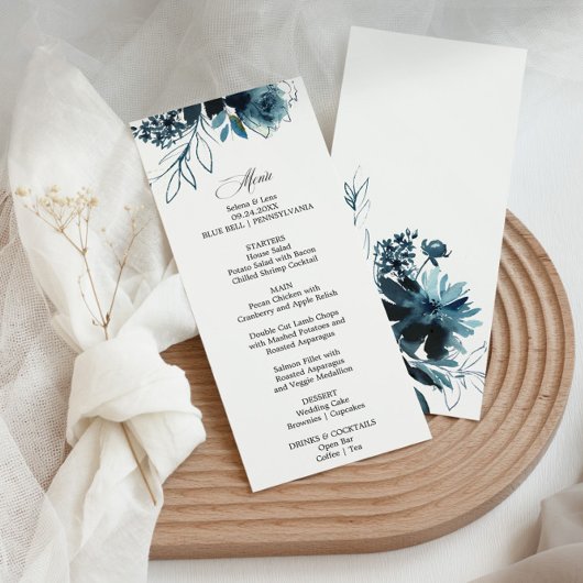 Celestial Navy Blue Floral Dinner Menu Kaart